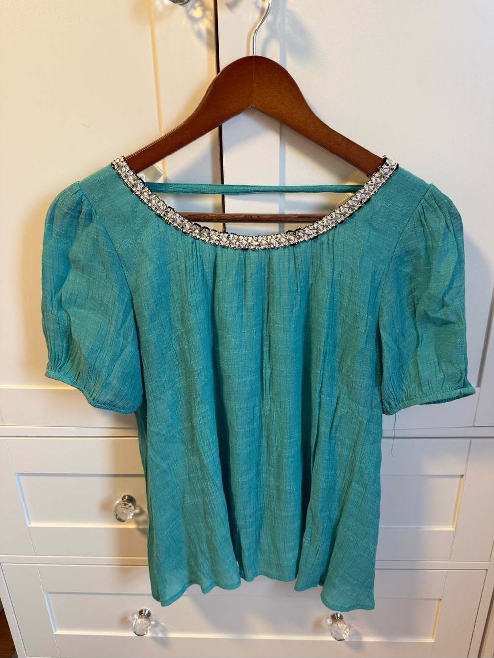 Embellished Turquoise Short-Sleeve Women's Blouse